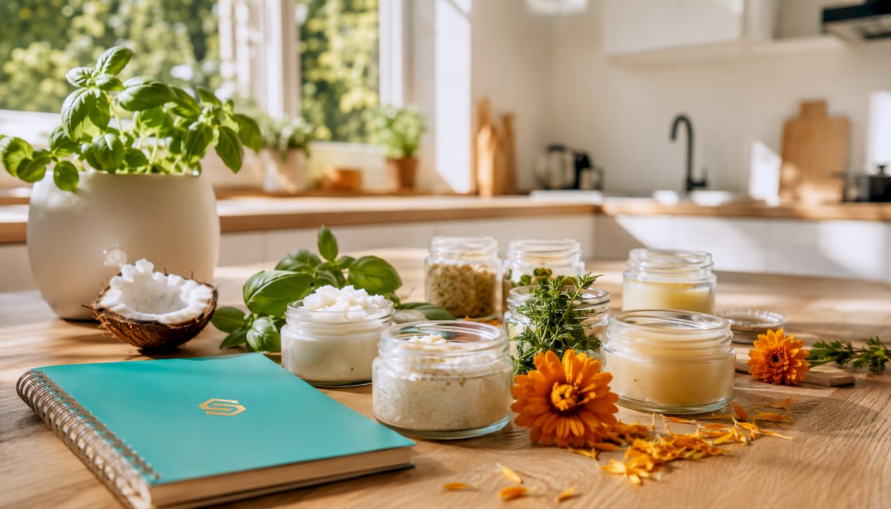 Natural oral care jars with mint and lavender on wooden shelf