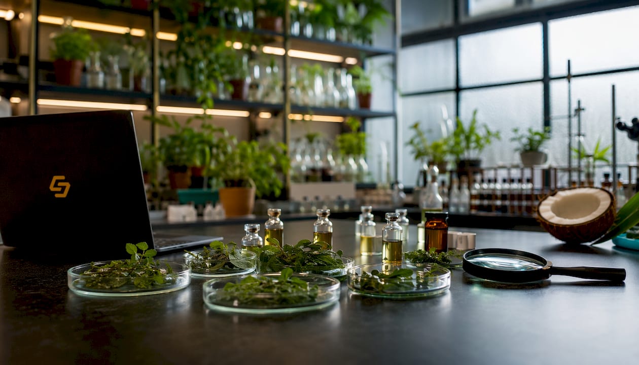 Lab workstation with oregano and petri dishes
