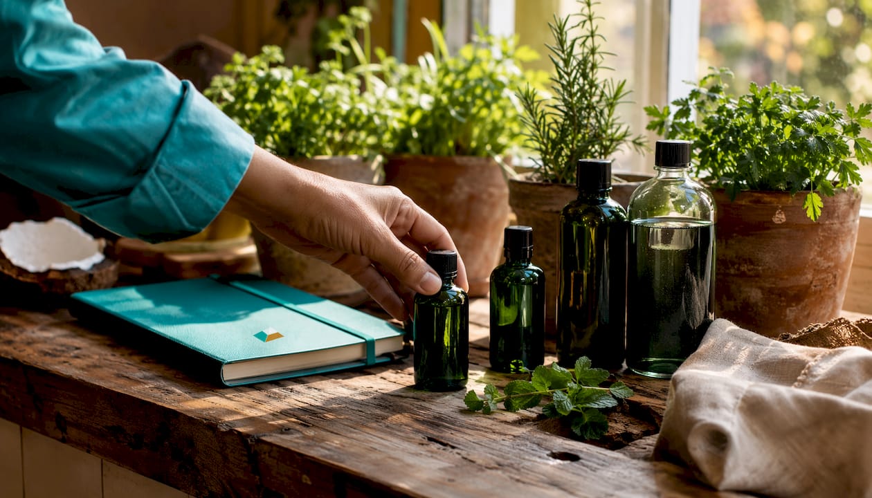 Hand reaching for amber mouthwash bottle on wooden shelf