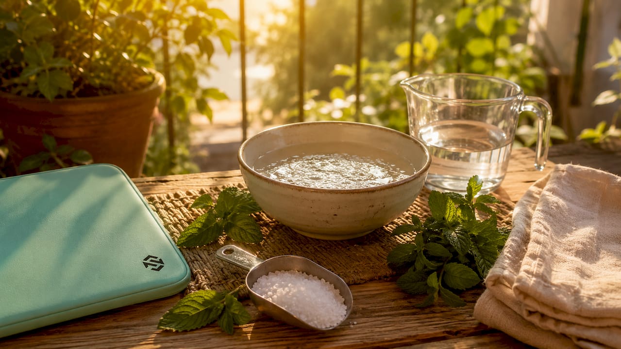 Homemade salt water rinse with natural ingredients in kitchen setting