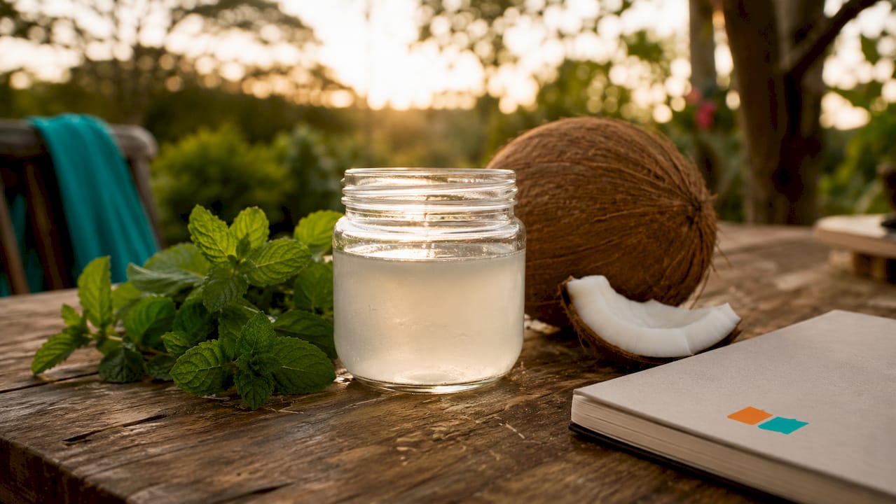 Close-up of salt water rinse with mint and coconut