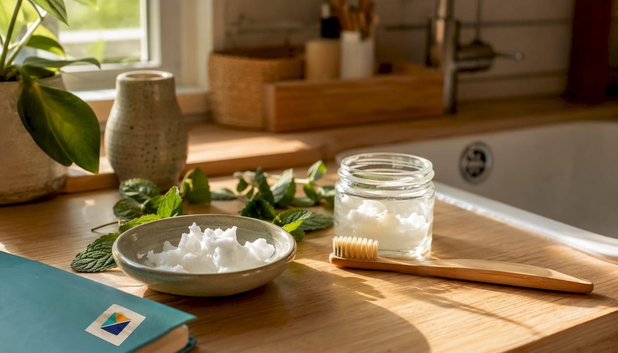 Bathroom sink with coconut oil flakes and mint