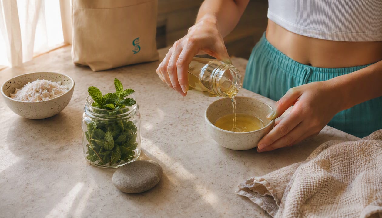 Hands holding bowl of oil for gentle swishing