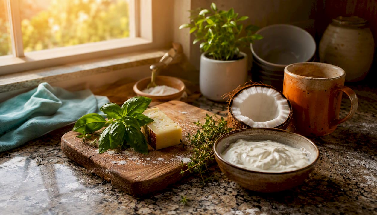 Dairy foods and herbs on kitchen counter for tooth health.