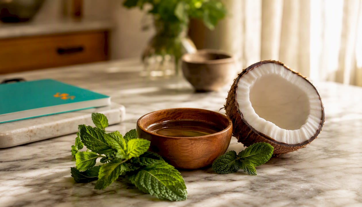 Glass bowl of oil with mint and coconut overhead view