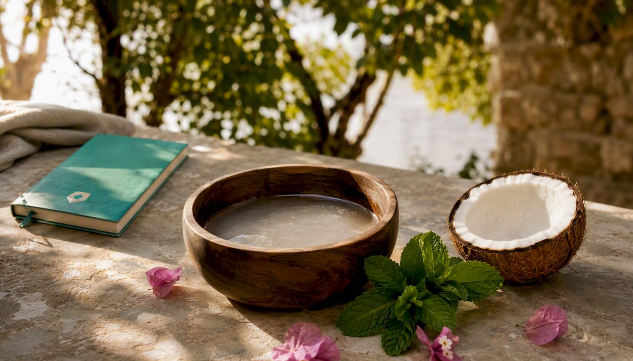 Close-up of coconut oil and botanical elements on cloth
