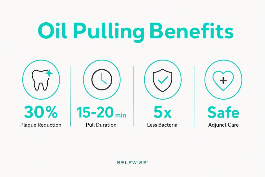 Infographic showing key oil pulling research benefits with statistics