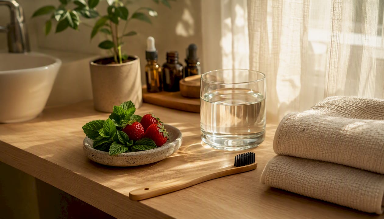 Natural oral hygiene tools arranged on placemat