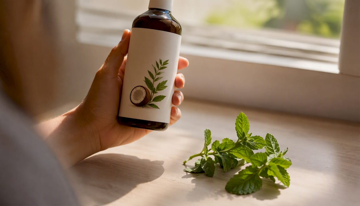 Close-up of natural oral care bottle label with mint