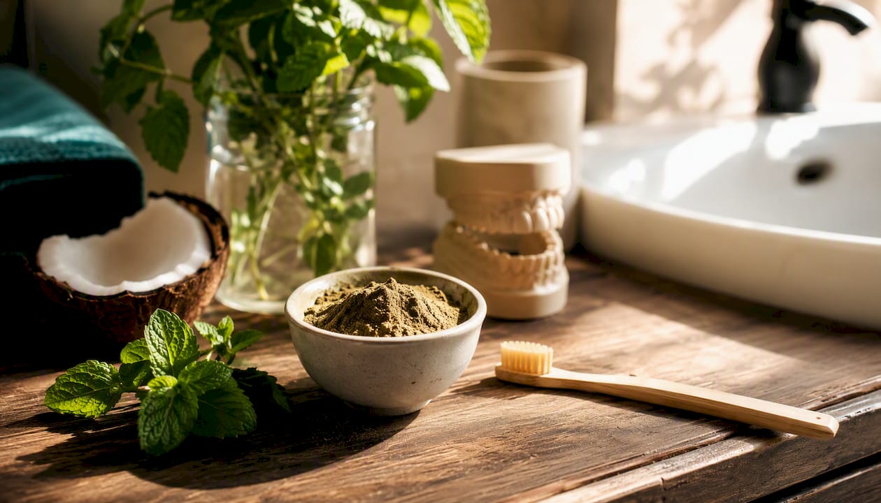 Natural oral care items near dental restoration model