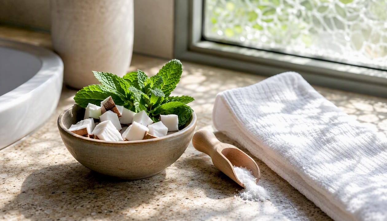 Morning natural oral care ingredients on tray