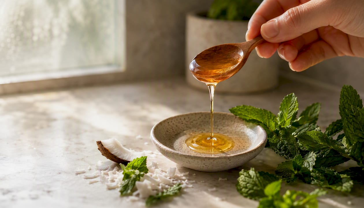 Pouring sesame oil into glass for oil pulling