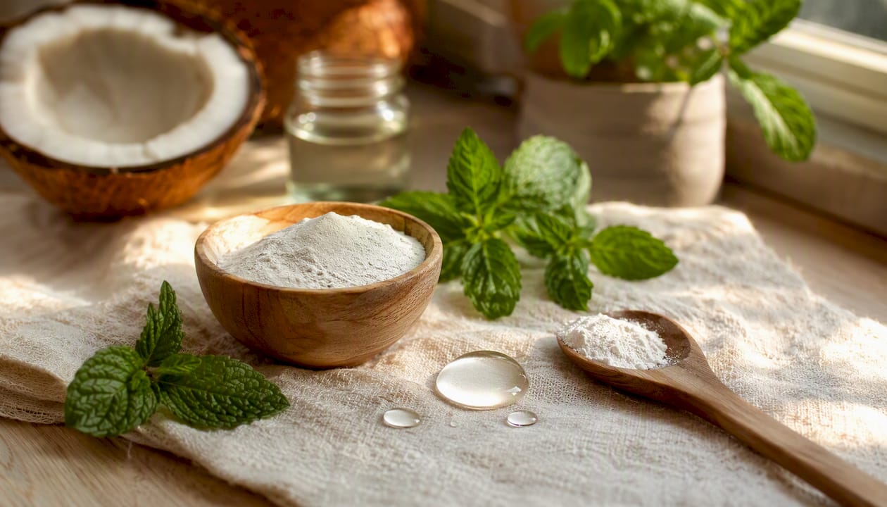 Flat-lay of natural oral care ingredients with sorbitol