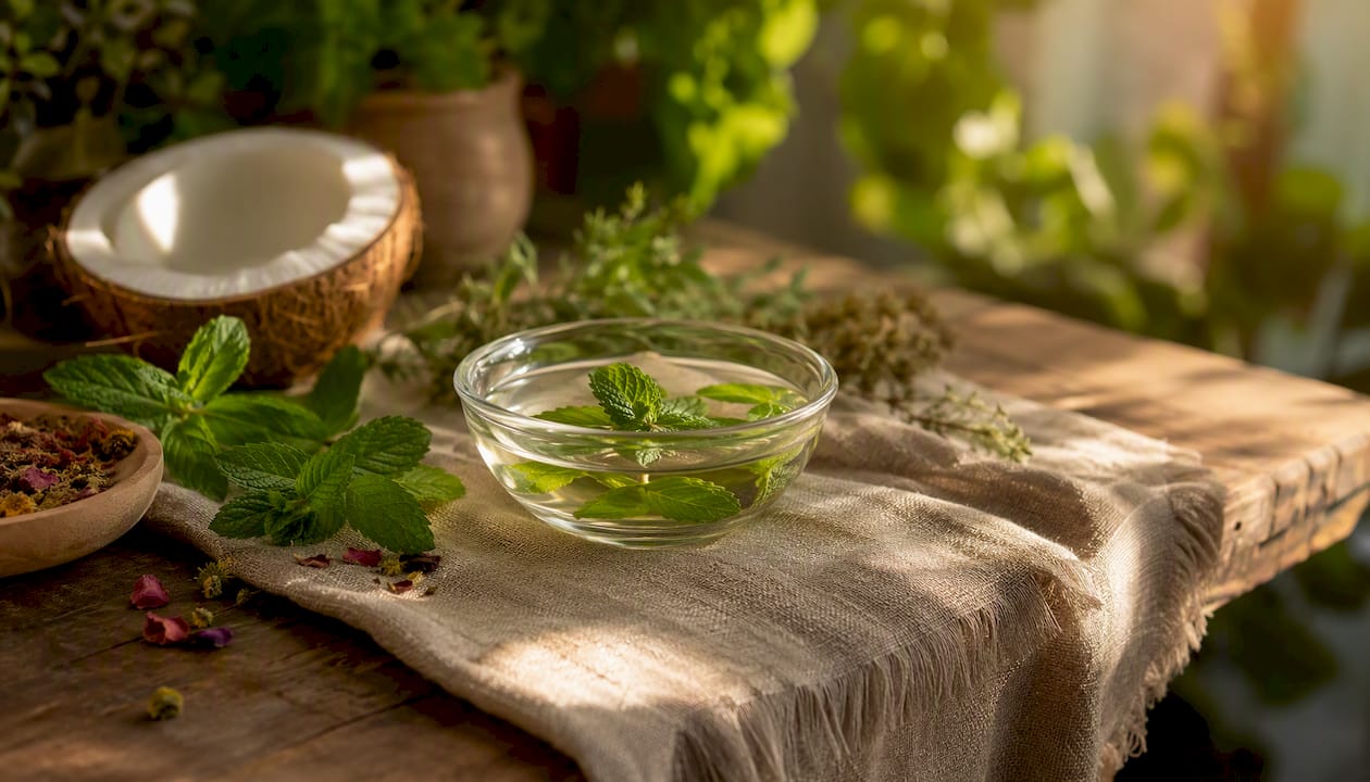 Glass bowl with coconut oil and botanicals for oil pulling