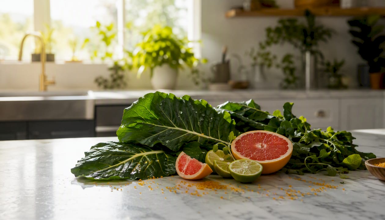 Fresh greens and citrus illustrating collagen support