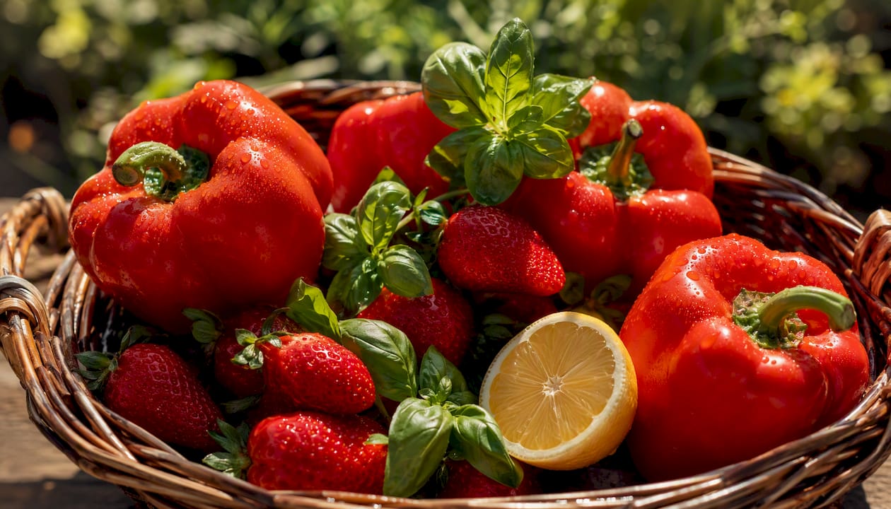 Raw bell peppers and strawberries rich in vitamin C