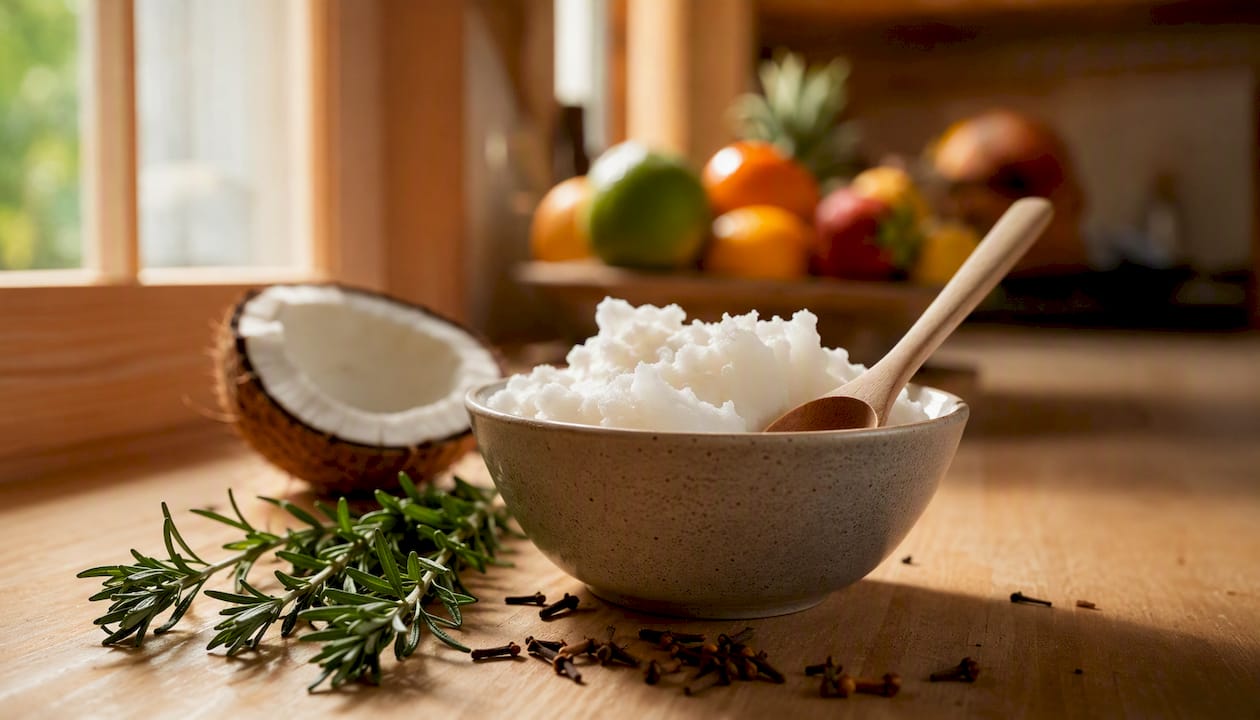 Ceramic bowl with oil and herbs for oil pulling
