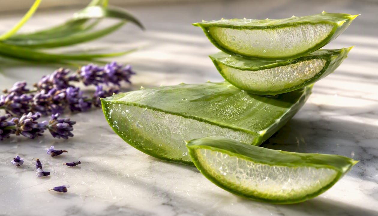 Close-up of sliced aloe vera leaves showing gel