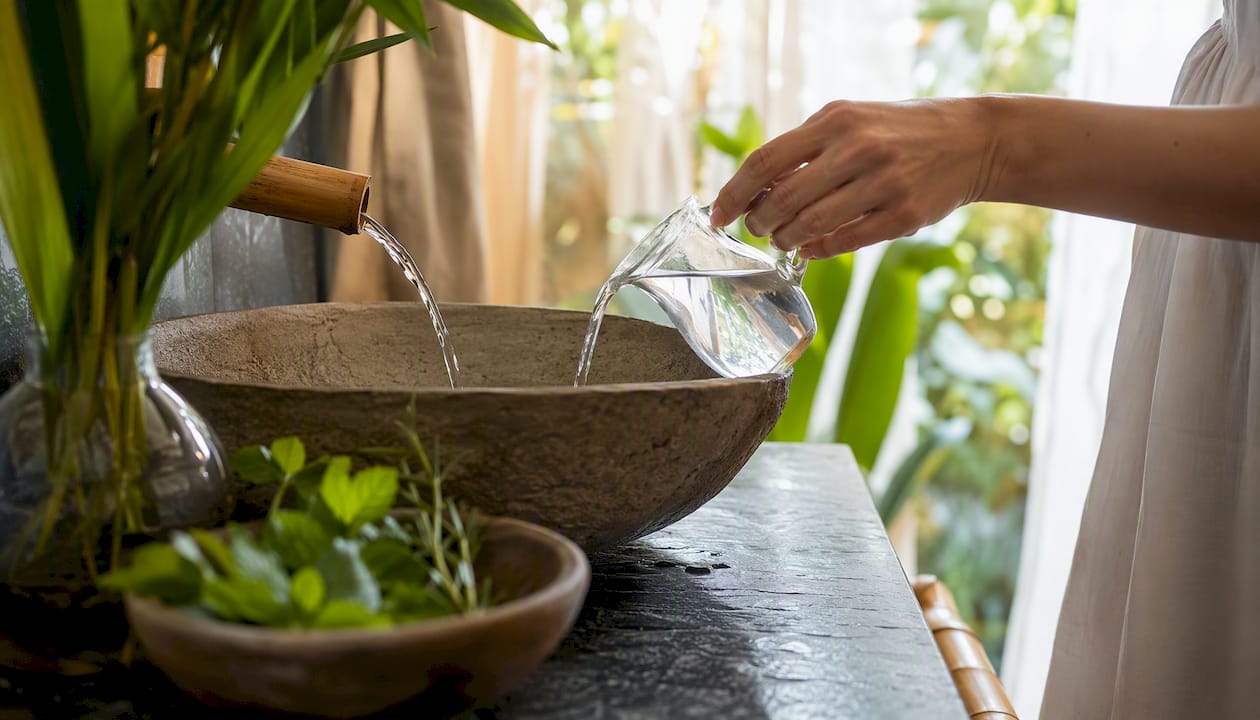 Hand pouring aloe vera rinse at bathroom sink