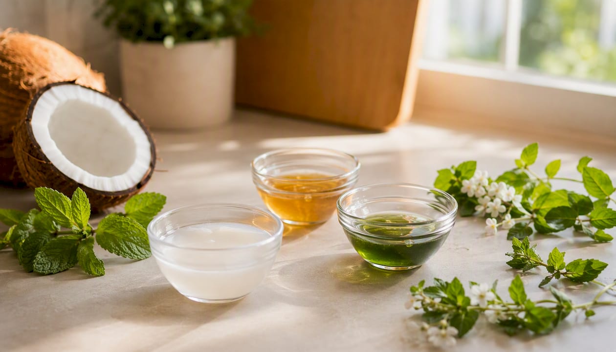 Natural surfactants in glass bowls with mint
