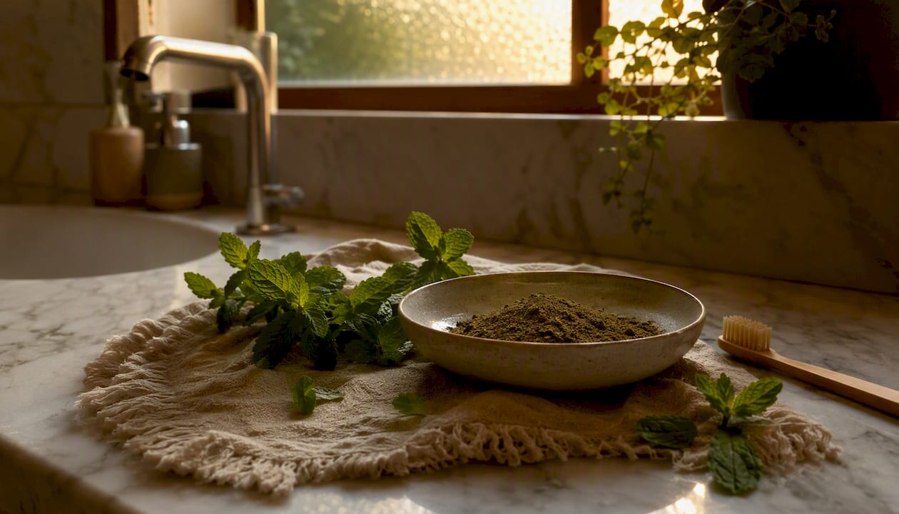 Natural mucoadhesive discs on bathroom shelf with botanicals