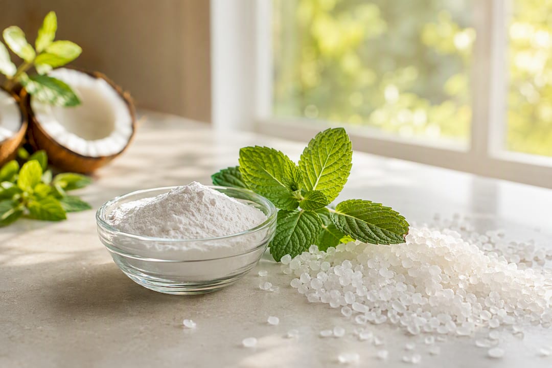 Mineral powder and mint on wood table