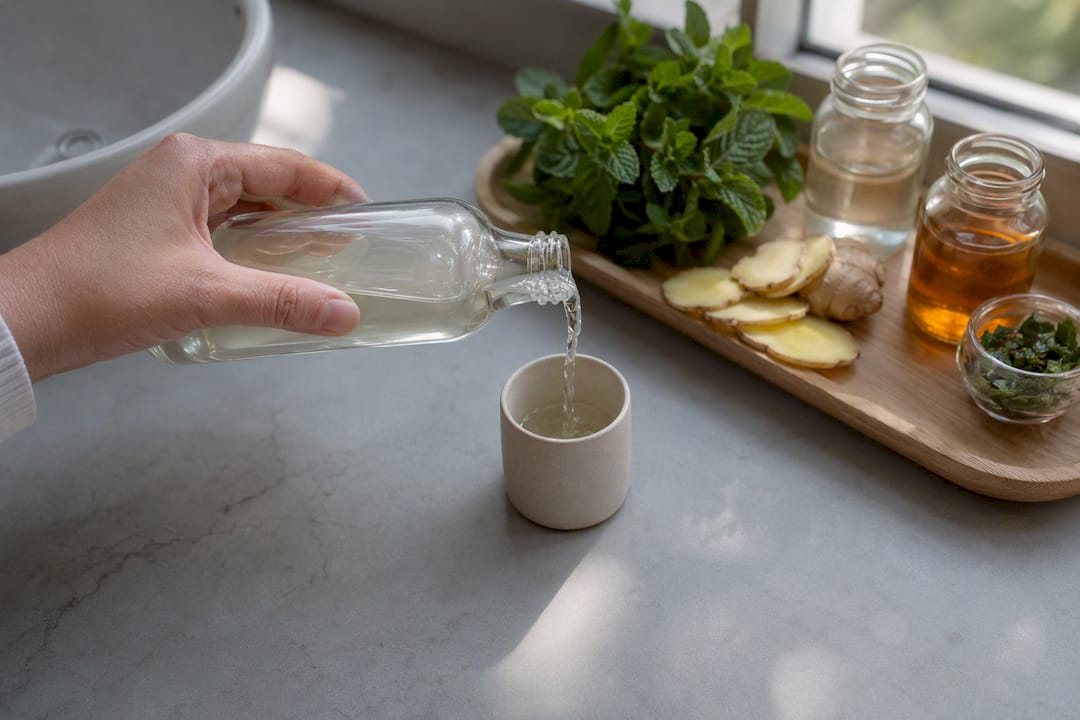Hand pouring natural mouthwash into cup