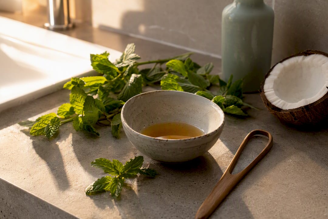 Bowl with oily residue and mint, highlighting swallowing caution