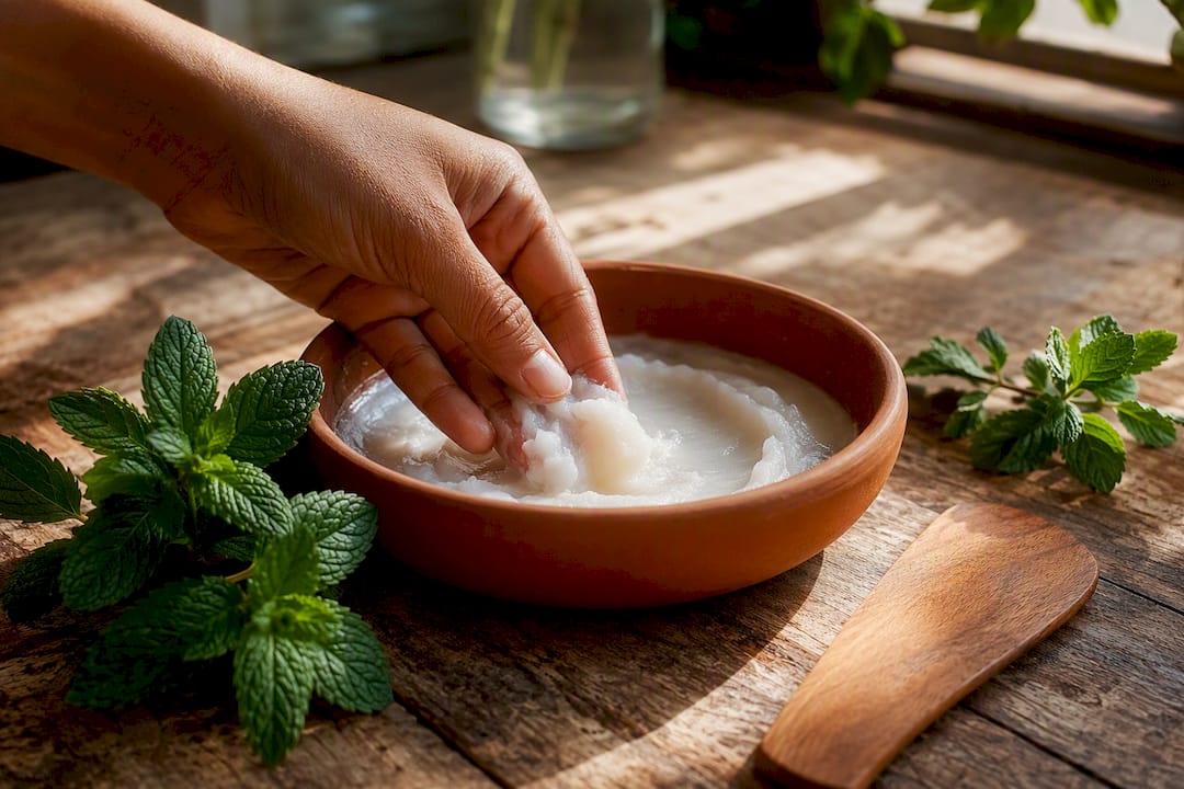 Hand holding jar of coconut oil with mint and tongue cleaner nearby