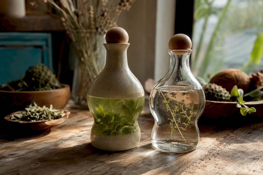 Two distinct glass bottles with denture solutions