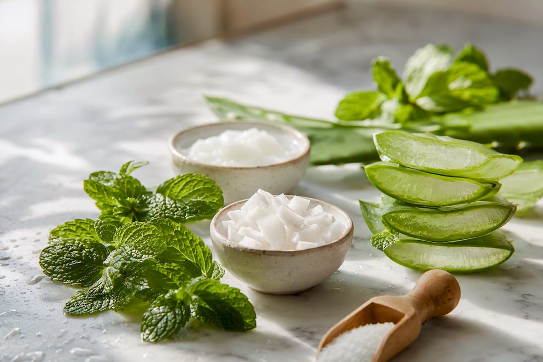Fresh mint and aloe leaves with essential oils