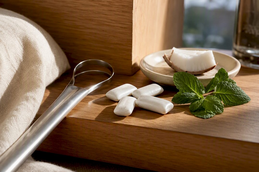 Tongue scraper and gum beside mint