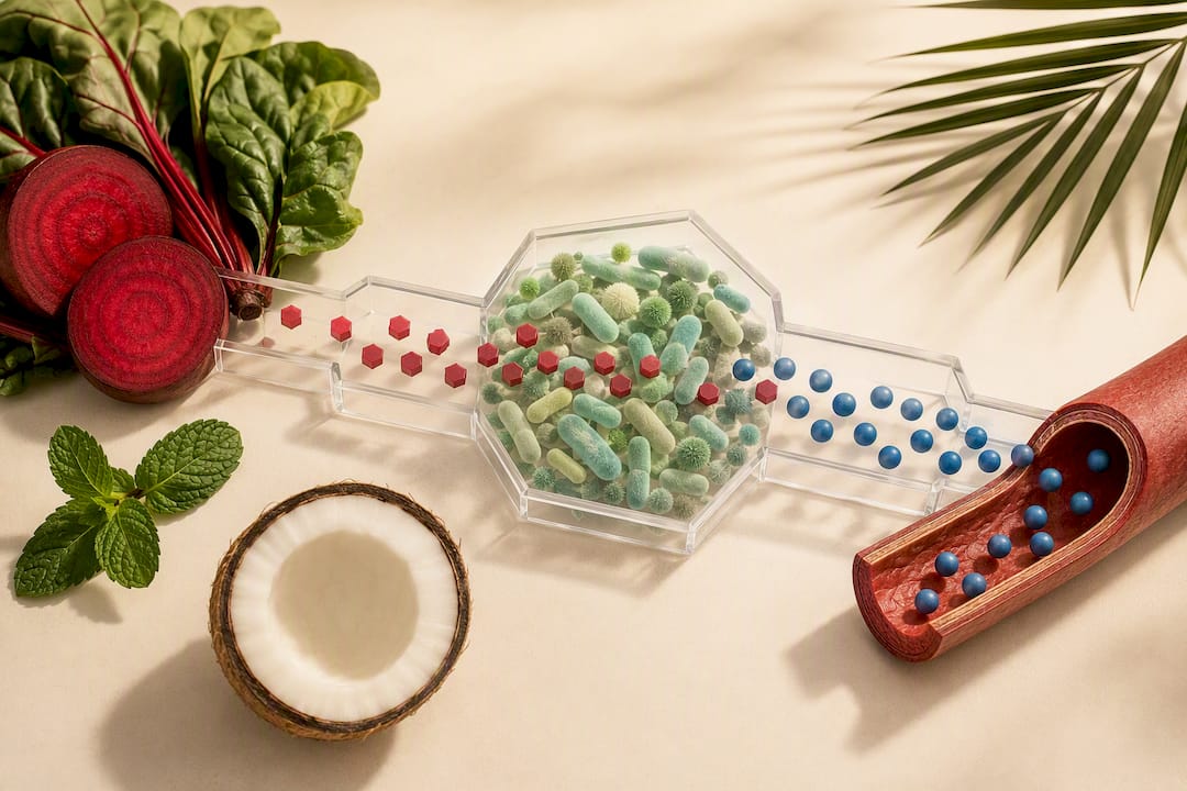 Illustrated pathway from vegetables to nitric oxide