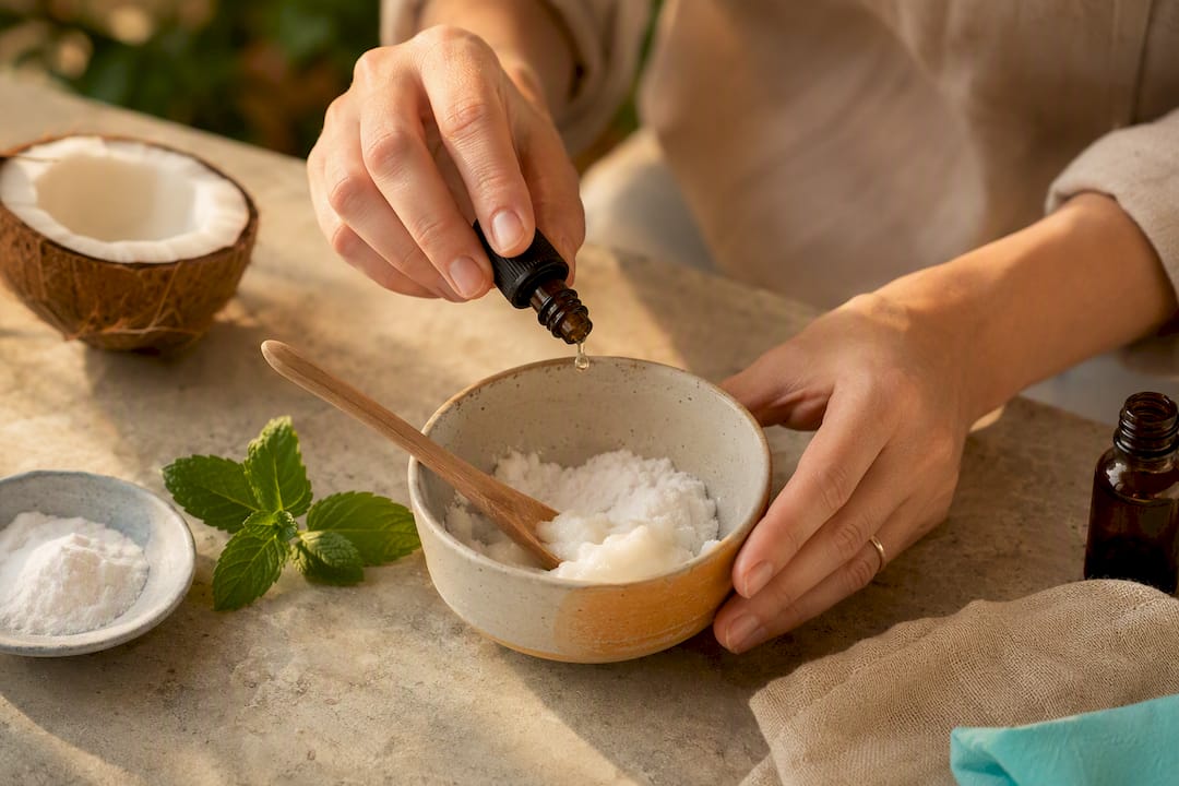 Hands mixing coconut oil and baking soda