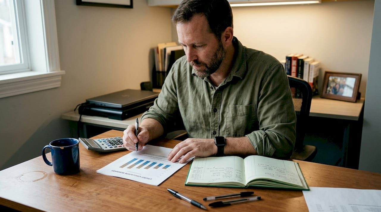 Entrepreneur checking credit utilization paperwork at desk