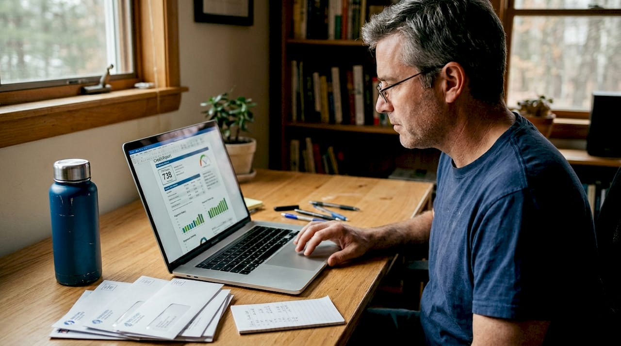 Man checking credit report on laptop