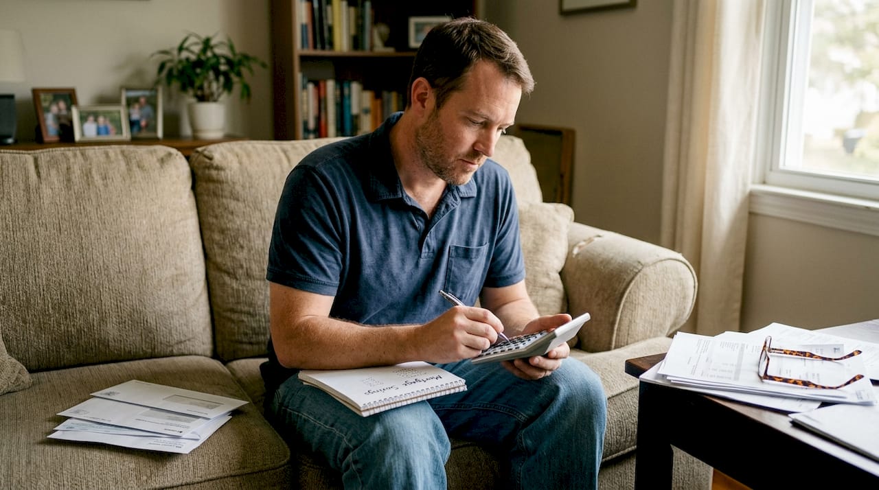 Man calculates mortgage savings at home