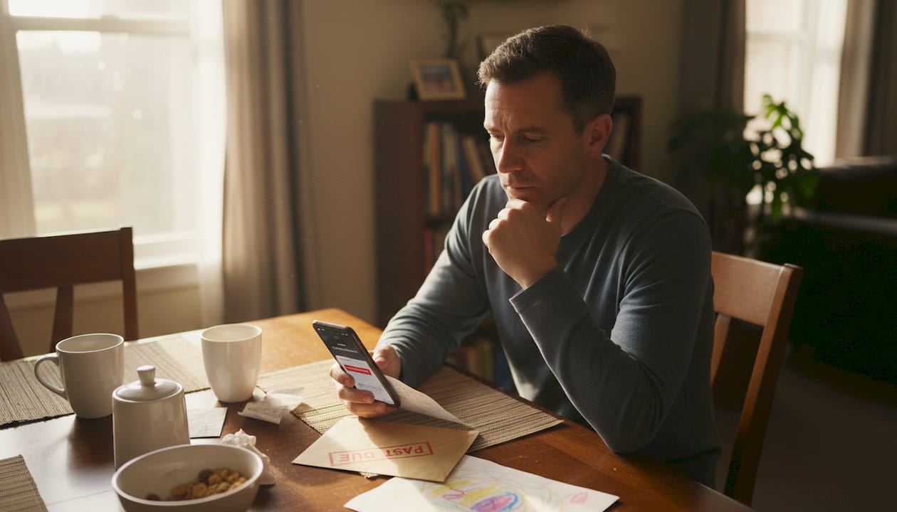 Man worried about missed bill payment at table