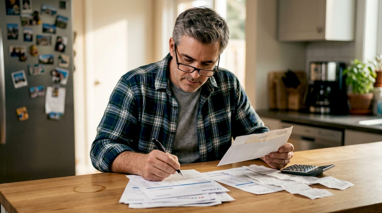 Man reviewing credit card bills at kitchen