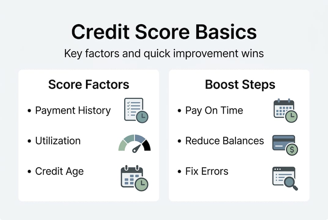 Infographic of credit score factors and steps