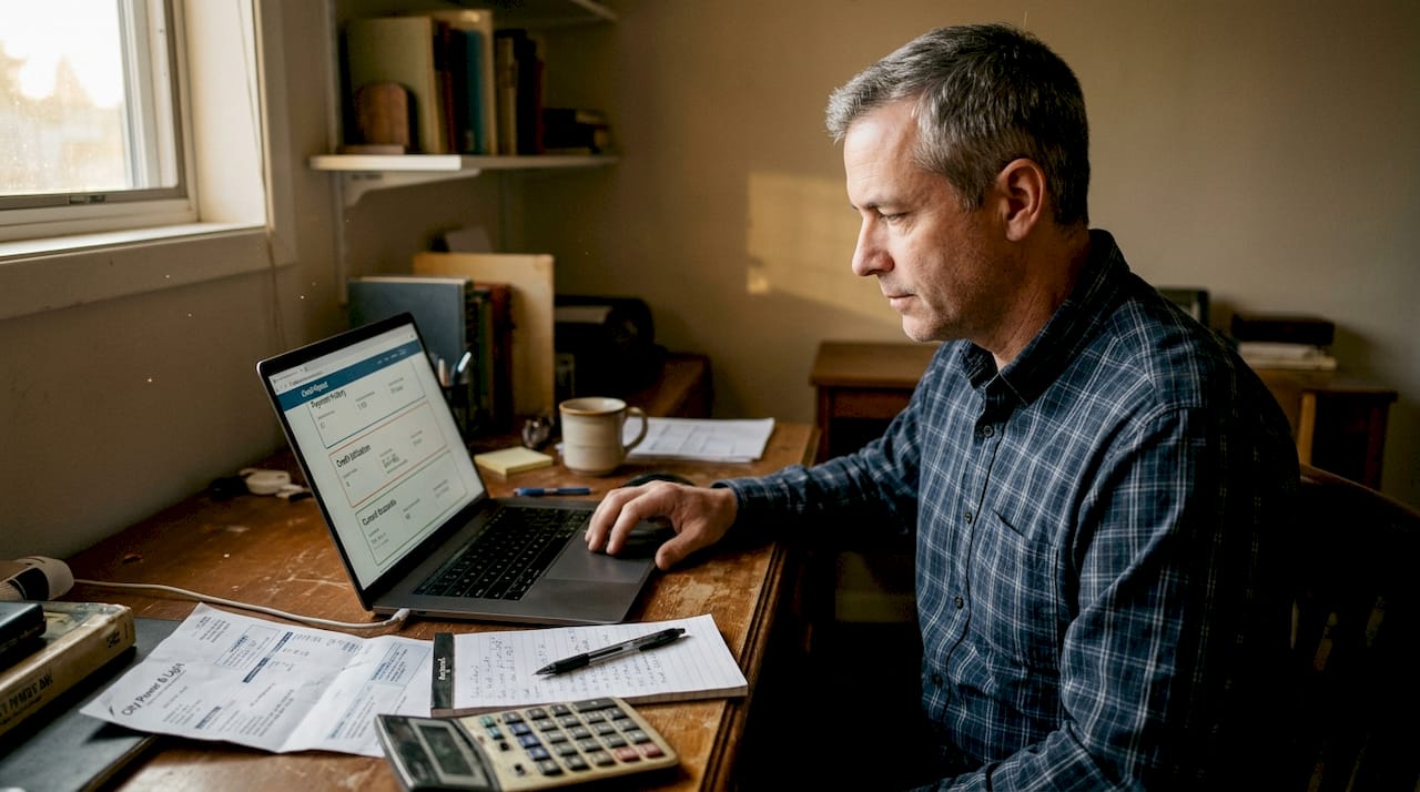 Man checking credit report sections on laptop