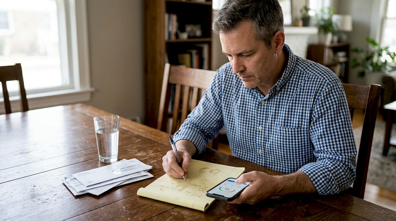 Man checking credit score at home table