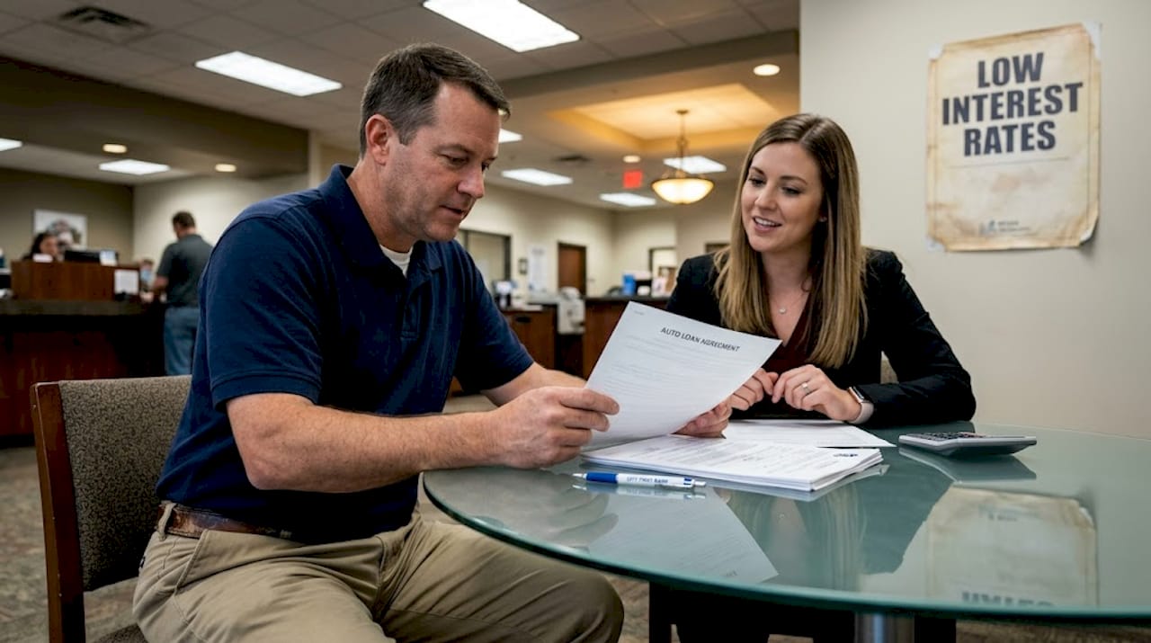 Man reviewing auto loan documents in bank
