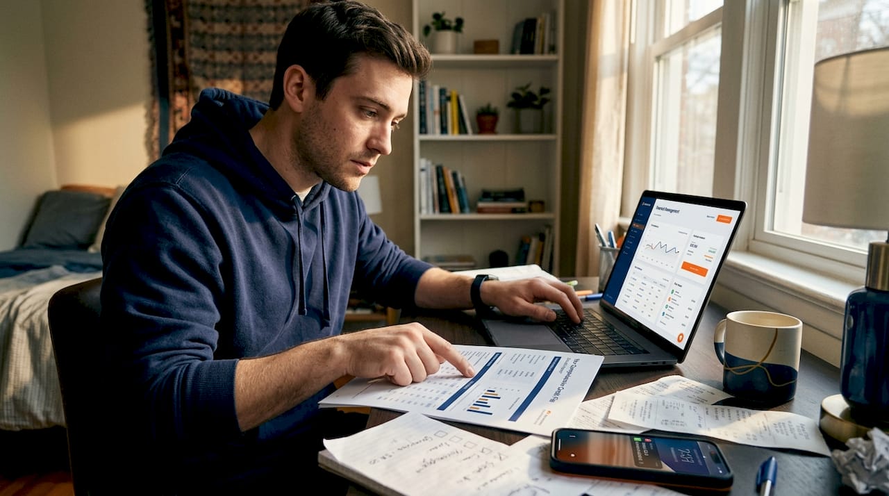 Man checking credit score documents on desk