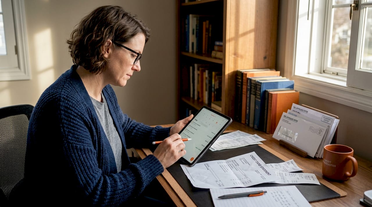 Woman scheduling payments at home office desk