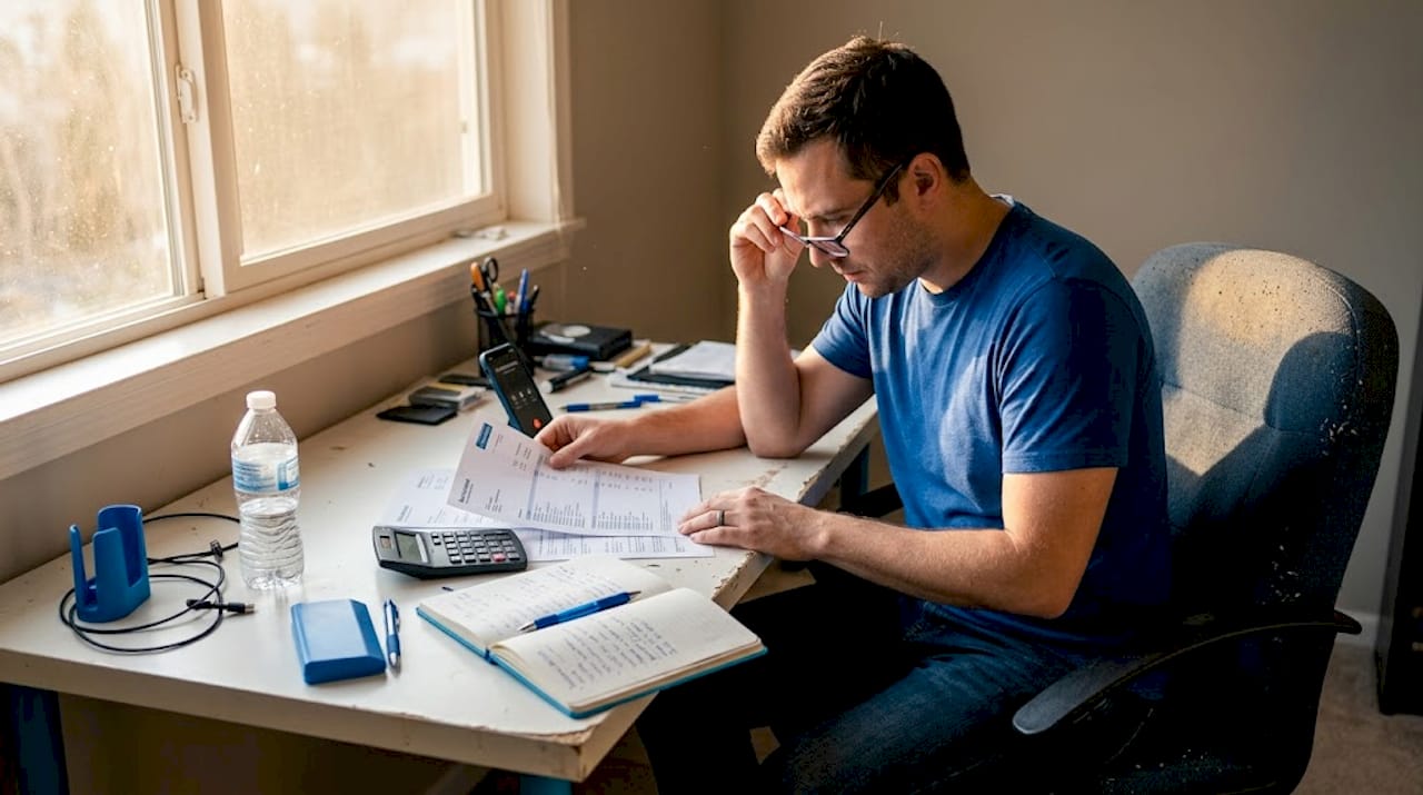 Man reviewing bank statement at casual desk