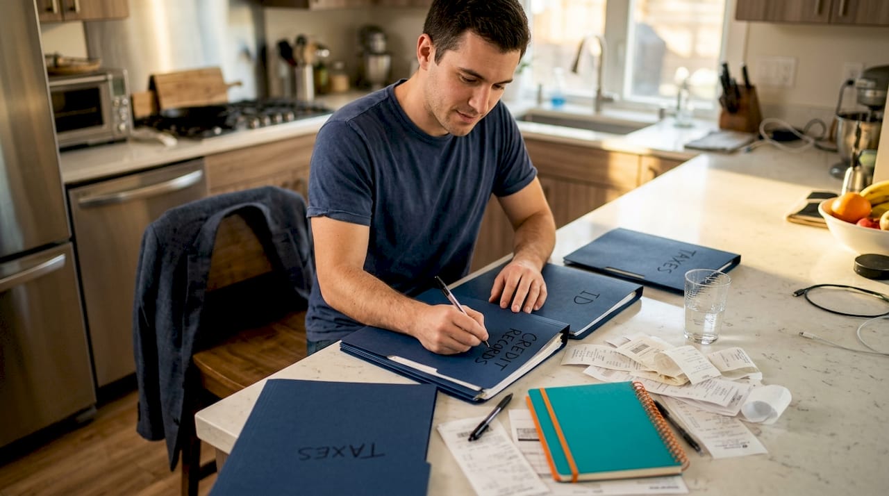 Person organizing financial documents in labeled folders