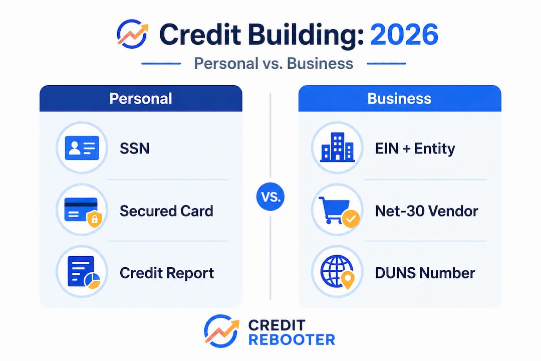 Infographic comparing personal and business credit steps