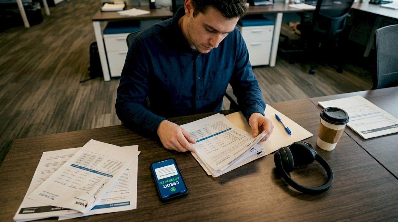 Man reviews paperwork after credit approval notification
