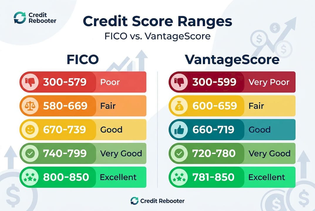 Infographic comparing FICO and VantageScore credit tiers